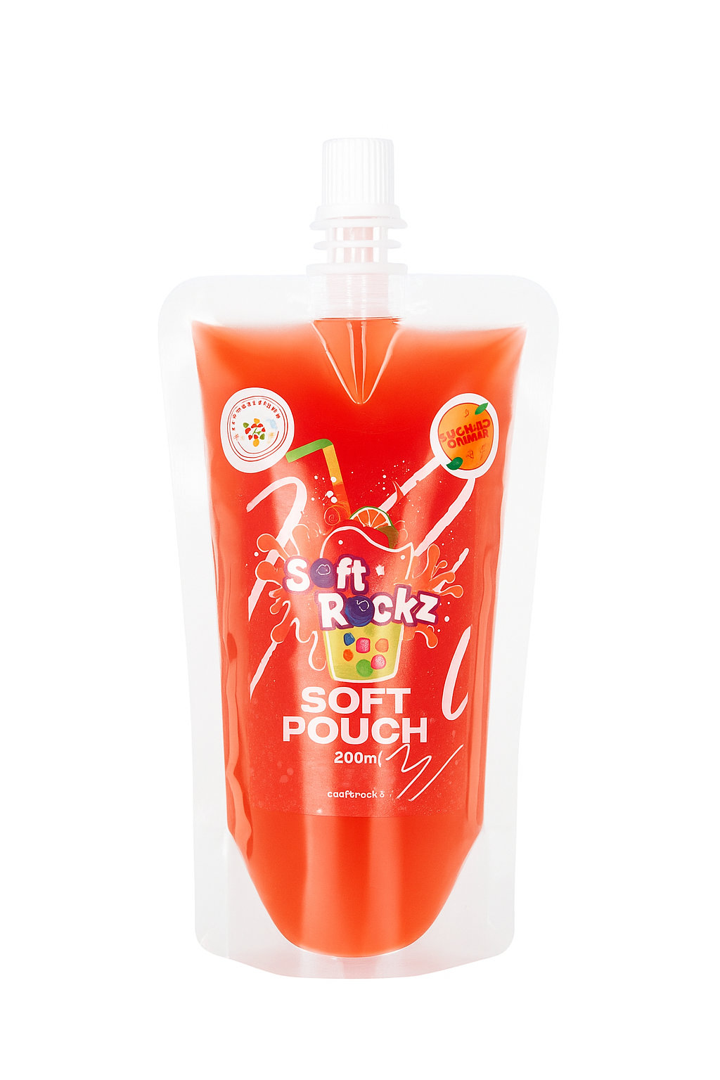 Orange soft pouch with 'Soft Rockz' branding on a white background